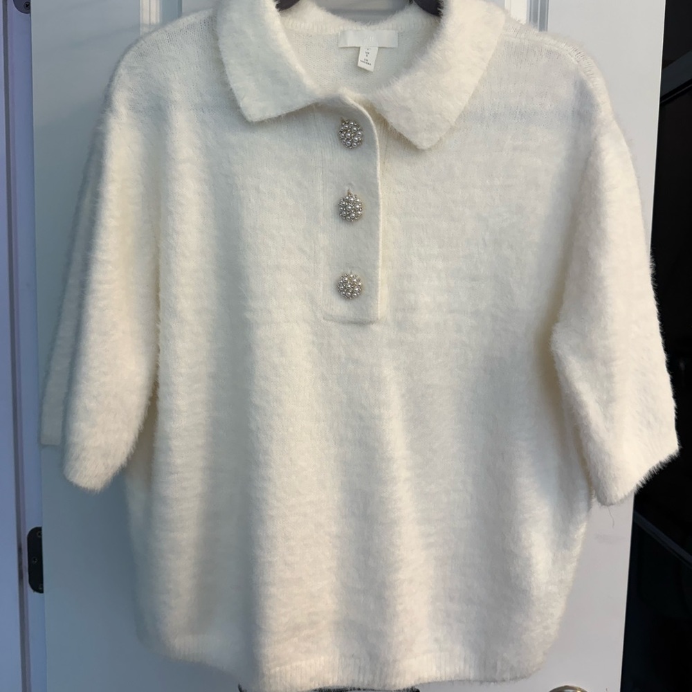 Elegant White Sweater with Pearl Buttons